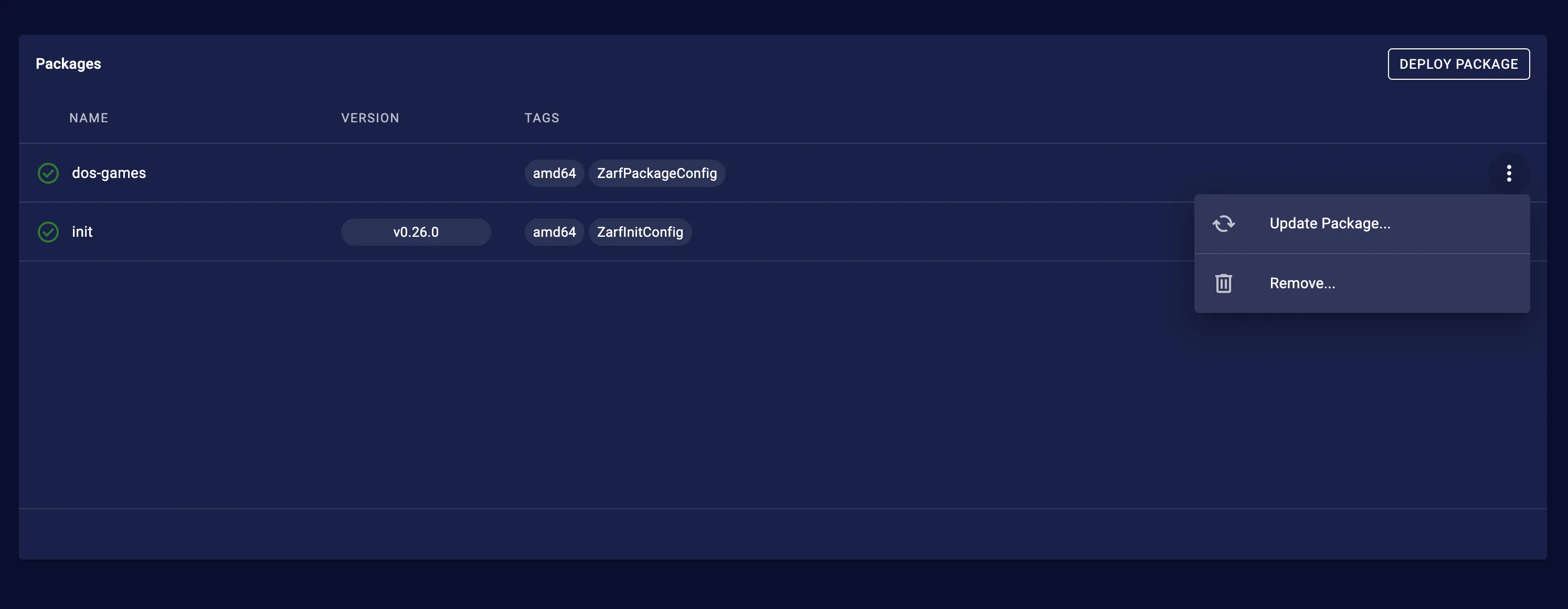 Web UI deployed packages table with a context menu showing additional package commands